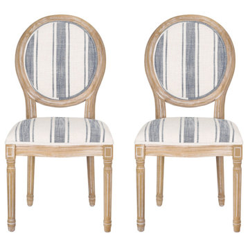 Lariya French Country Fabric Dining Chairs (Set of 2), Dark Blue Line + Natural