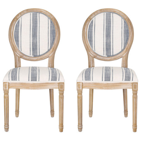 Lariya French Country Fabric Dining Chairs (Set of 2), Dark Blue Line + Natural, Two (2) Dining Chairs