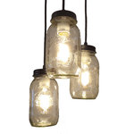 The Lamp Goods - Mason Jar Chandelier Pendant With New Quart Jars, Antique Blac - Beautifully handcrafted mason jar chandelier light showcasing a trio of mason jar pendant lighting fixtures. A fun light for kitchen, bathroom, entry & more.
