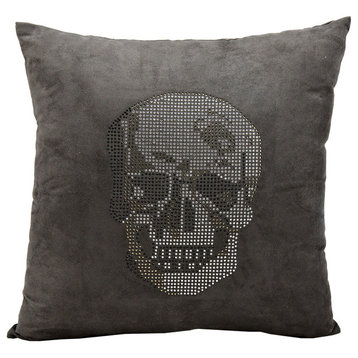 Luminescence Rhinestone Skull Pillow, Dark Gray, Polyester Filler