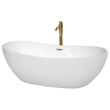 Rebecca 60 to 70" Freestanding Bathtub with options, Polished Chrome Trim, 70 Inch, Floor Mounted Faucet in Brushed Gold
