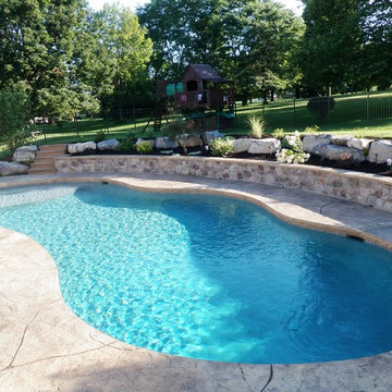 Upper Macungie freeform pool with sunshelf and retaining wall