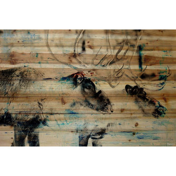 "Conversating Deer" Painting Print on Natural Pine Wood, 45"x30"
