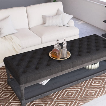 American Home Classic Athena Rectangular Fabric and Wood Coffee Table in Black