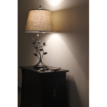 Kira Home Ambrose 31" Rustic Table Lamp, Beige Fabric Shade, Leaf Detailed Body