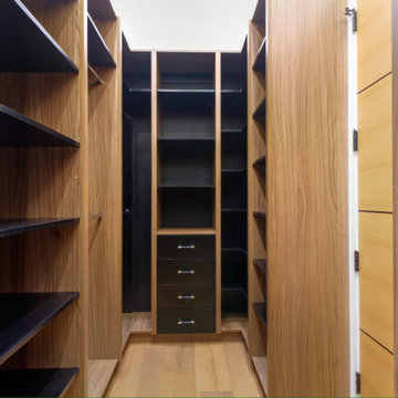 Walk-In Closet in Walnut with Black Shelving and Drawers