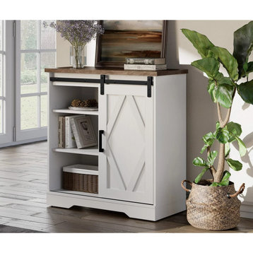 Midcentury Storage Cabinet, Sliding Door & Shelf With Wire Management, White/Oak