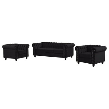 UFE Velvet Living Room 3 Set Sofa Loveseat Chair Black, Sofa, Loveseat, Chair