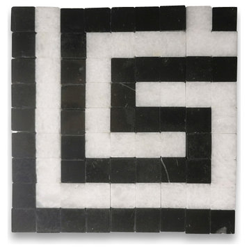 Greek Key Thassos White Nero Marquina Black Marble Mosaic Corner Tile, 1 piece