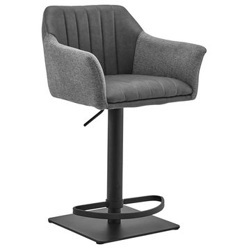 Modern Swiveling Bar Stool, Matte Black Base and Grey Faux Leather - Fabric Seat