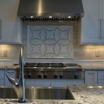 Beautiful Bianco Antico Granite Kitchen with Custom Tile Backsplash