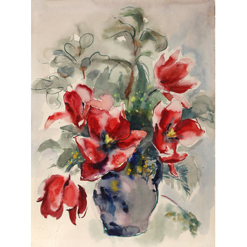 Eve Nethercott, Red Flowers, P5.37, Watercolor Painting