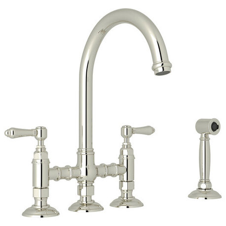 Country Kitchen Bridge Faucet, Polished Nickel, Metal Lever Handles