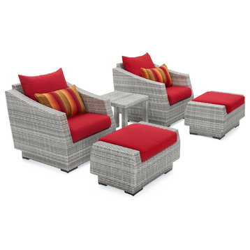 Cannes 5 Piece Sunbrella Outdoor Patio Club Chair and Ottoman Set, Red