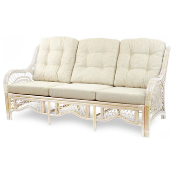 Malibu Handmade 3-Seater Sofa ECO Natural Rattan Wicker, White Wash, Cream Cushions