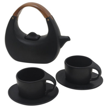 Novica Handmade Resting Cloud In Black Ceramic Tea Set (Set For 2)
