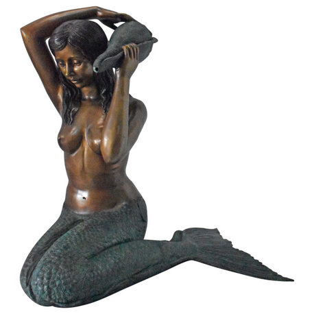 Mermaid Half Naked Holding a Shell Bronze Fountain-Art Nude 29" x 19" x 31"H