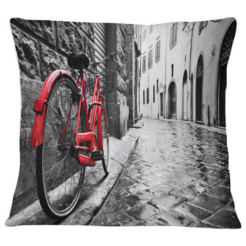 Retro Vintage Red Bike Cityscape Photo Throw Pillow, 18"x18"