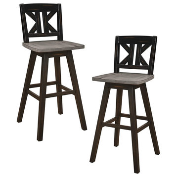 Set of 2 Rustic Bar Stool, Swiveling Seat With Unique K-Shaped Backrest, Bar