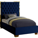 Meridian Furniture - Lana Velvet Bed, Navy, Twin - Make the Lana navy velvet bed part of your dream bedroom setup. This bed has all of the bells and whistles you want, including a super tall headboard that stands nearly five-feet tall. The bed is covered in navy velvet fabric for a luxe look, and it's deeply tufted for added luxuriousness. The headboard is soft and welcoming against your back and head as you read or watch TV in bed, and the bed rests on gold legs for dependable sturdiness and durability. Use it without a box spring or foundation, since the slats are included.