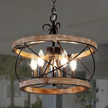 5-Light Rustic Distressed Wood Caged Chandelier Farmhouse Pendant Light, Distressed, 15.7"