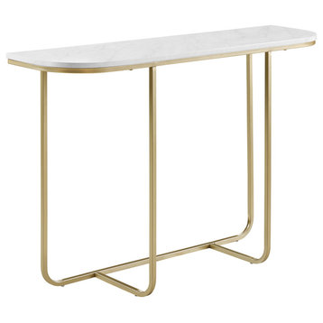 44" Modern Curved Entry Table, White Faux Marbe/Gold