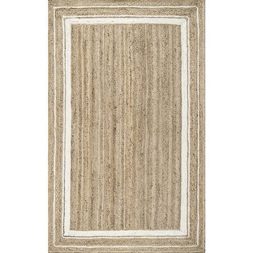 Farmhouse Area Rug, Natural Jute With Boundary Pattern, White, 5' X 8'