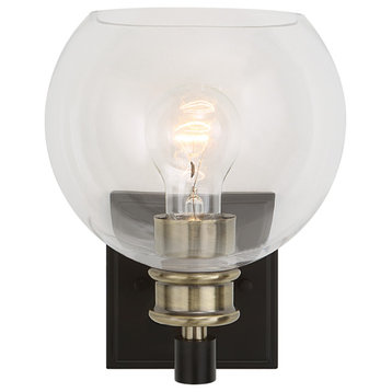 Classic Minimalist 1 Light Wall Sconce Black Gold Clear Glass Dome Shade 8 in