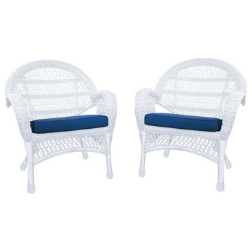 Jeco Wicker Chair in White with Blue Cushion (Set of 4)