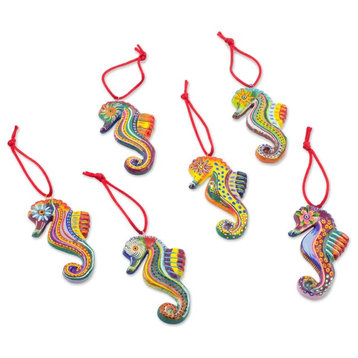NOVICA Seahorse Squadron, Ceramic Ornaments  (Set Of 6)