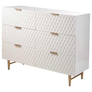 Elegant Double Dresser, 6 Drawers With 3D Scalloped Panels & Gold Pulls, Cream