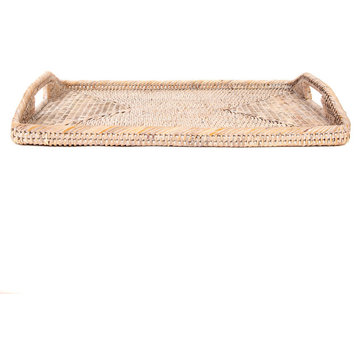 Artifacts Rattan™ Rectangular Vanity Tray With High Handles, White Wash, 14"x10"