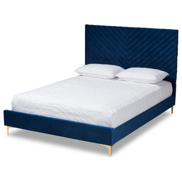 Sofi Glam and Luxe Velvet Upholstered Platform Bed, Navy Blue/Gold, King