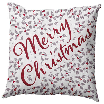 Merry Christmas with Holly Indoor/Outdoor Throw Pillow, Light Purple, 18"x18"