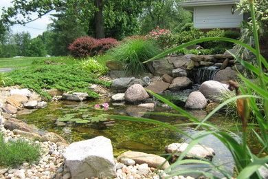 This is an example of a mid-sized traditional backyard formal garden in Chicago with with pond.