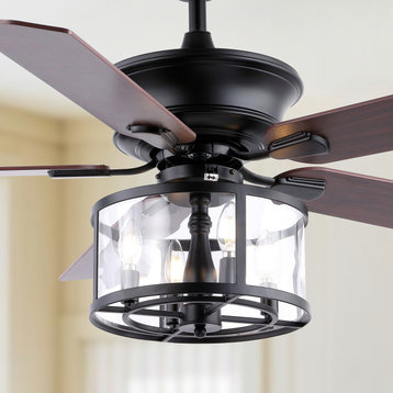 Braxton 52" 4-Light Farmhouse Shade LED Ceiling Fan With Remote, Black/Clear