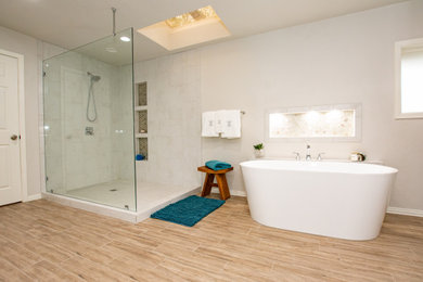 Minimalist master white tile and porcelain tile porcelain tile bathroom photo in Austin with gray walls