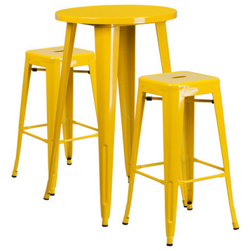 24'' Round Yellow Metal Indoor-Outdoor Bar Table-2 Sq Seat Backless Barstools