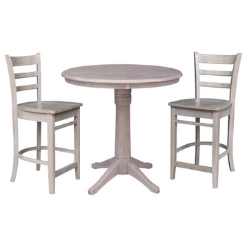36" Round Pedestal Gathering Height Table With 2 Emily Counter Height Stools, Washed Gray Taupe