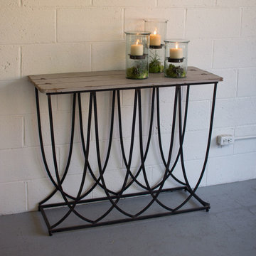 Art Deco Iron Base Console with Natural Wood Top