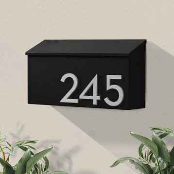 The OG Wall Mounted Mailbox + House Numbers, Lock Included, Outgoing Flag, Black, Silver Font