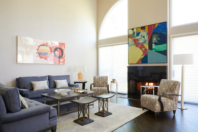 Living room - mid-sized 1950s formal and open concept dark wood floor living room idea in New York with beige walls, a standard fireplace, a tile fireplace and no tv