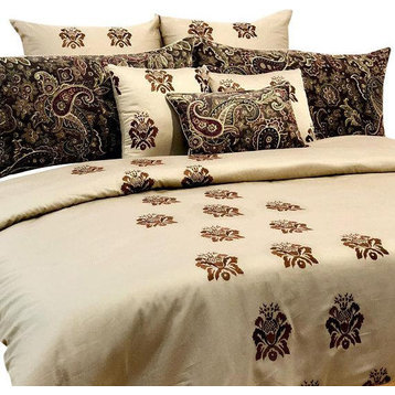 CA King Duvet Cover 8 Pc set Beige Cotton with Embroidery and Print-Paisley Love