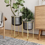 Aspire - Rizzy Midcentury 2-Piece Planter Set - Drawing inspiration from mid-century modern design, this set of planters make a great addition to any modern home or office. Crafted from metal and featuring a gold finished base contrasted by dark (almost black) colored pots.