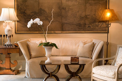 Example of a transitional formal and open concept concrete floor living room design in Nashville with beige walls