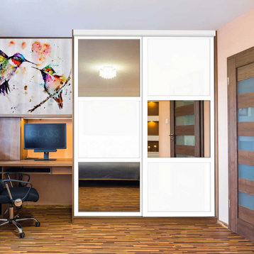2 Panels Closet / Wardrobe Door with Glass & Mirrors Insert, Solid Core White Painted, 72"x96"