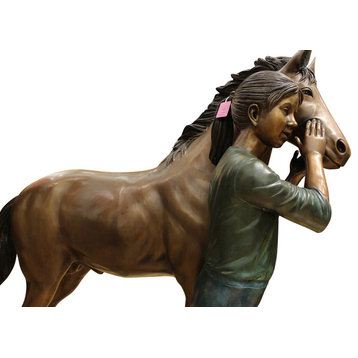 Young Girl and her pony Bronze Statue -  Size: 48"L x 20"W x 48"H.