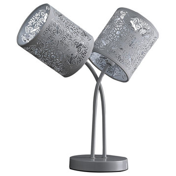 17� Gray Laser Cut Floral Metal Two Light Table Lamp