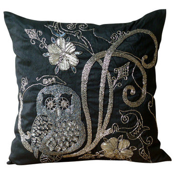 Owl Accent Pillow Covers Black 20"x20" Art Silk Beaded, Night Owls