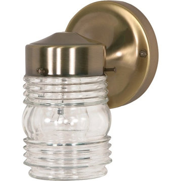 Nuvo 1-Light 6" Porch, Wall, Mason Jar With Clear Glass, Antique Brass, SF77-995
